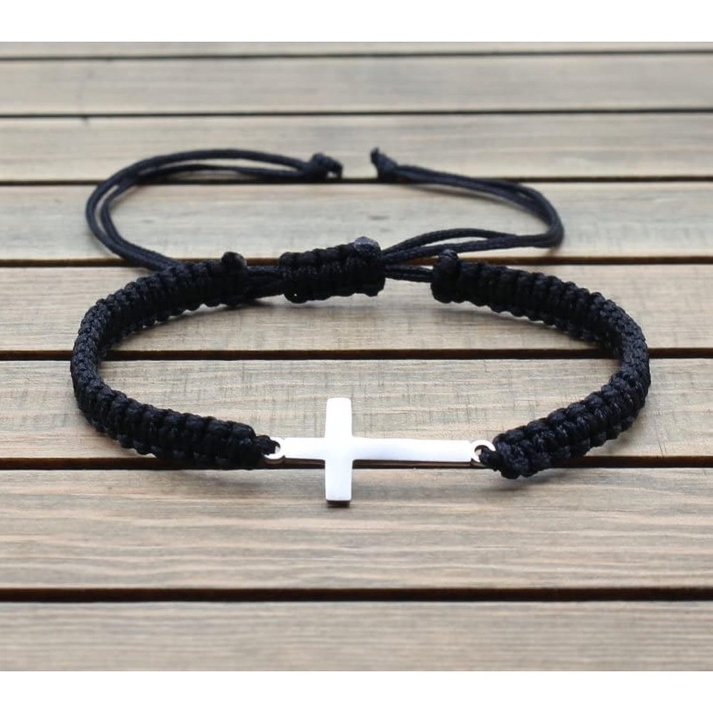 Black Cord Cross Bracelet Stainless Steel Charm Adjustable